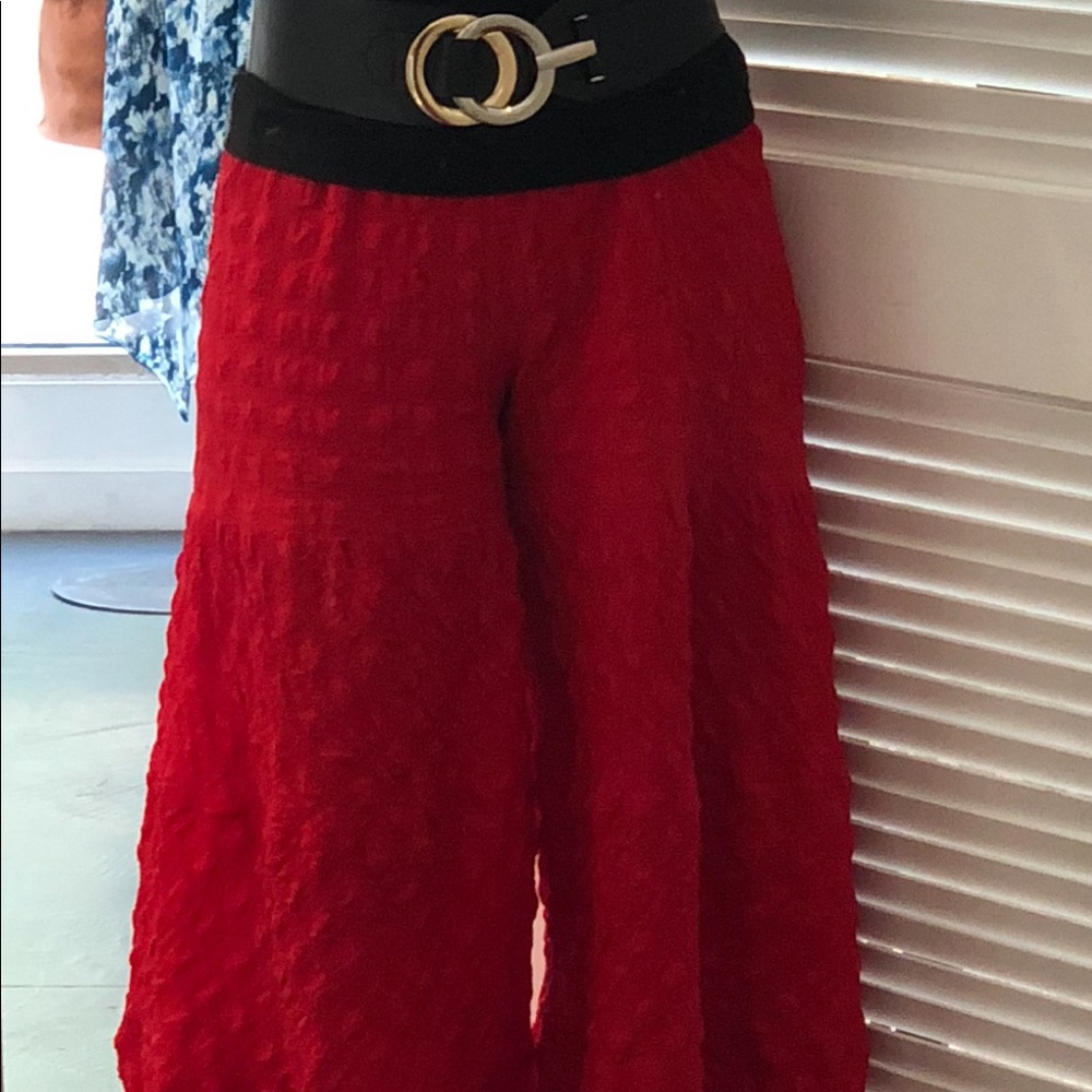 Courtney washing red palazzo pants